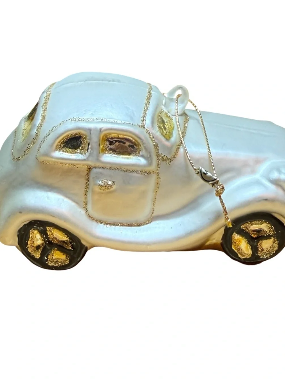 Pearlescent White Vintage Car Ornament with Gold Accents